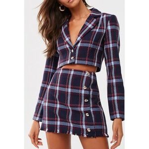 Cropped Plaid Mini Skirt - Navy Blue
